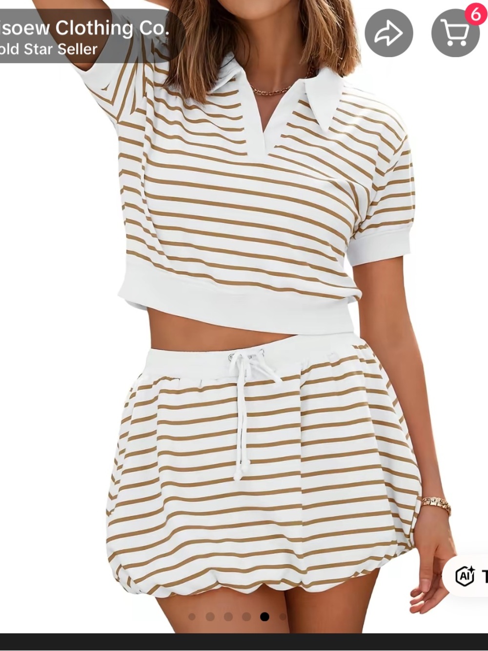 Striped White and Tan Two-Piece Skirt Set by